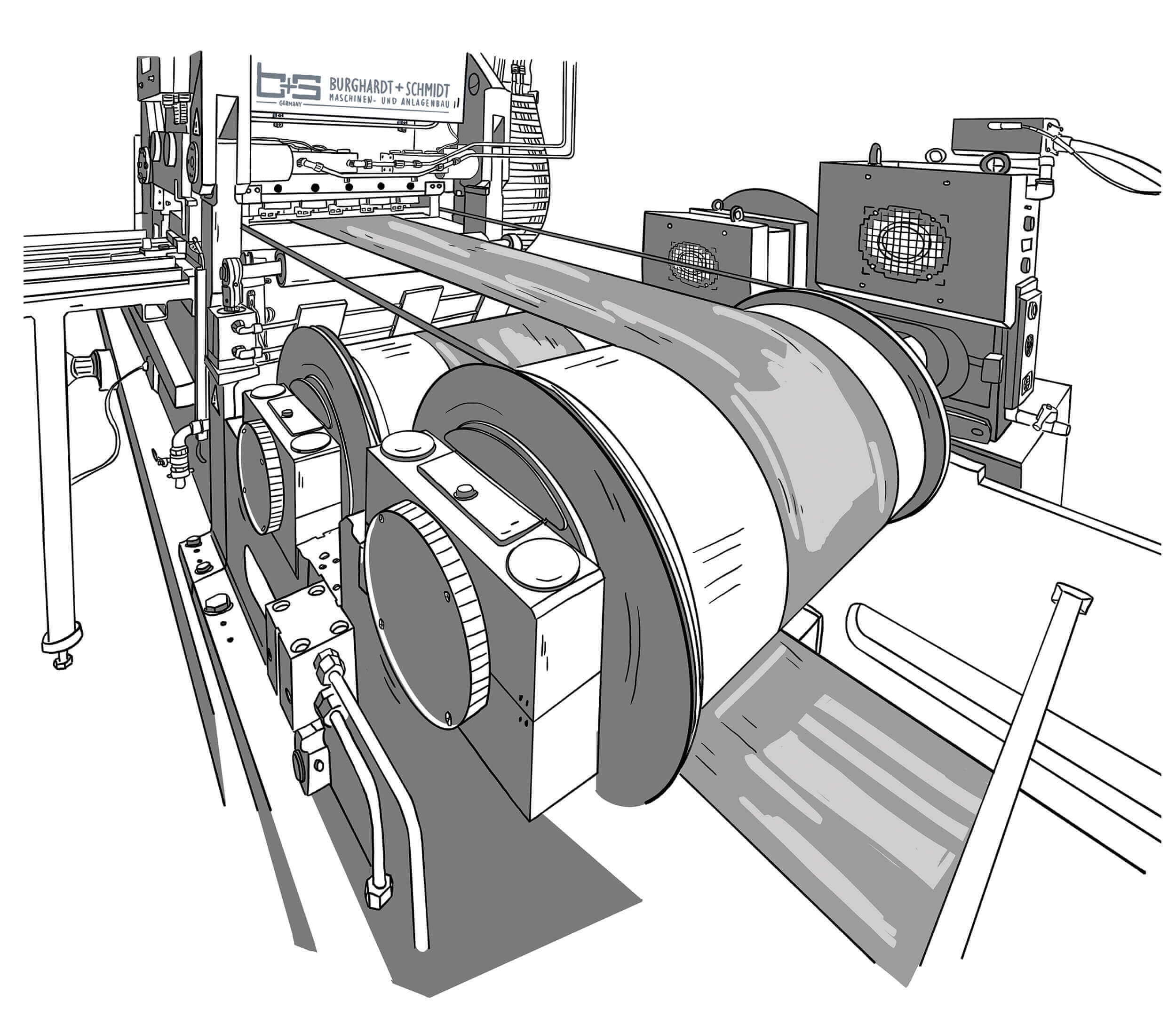 Burghardt+Schmidt GmbH – Anlagen und Maschinenbau – Comic-Style Streck-Biege-Richtanlage Burghardt+Schmidt GmbH - Anlagen und Maschinenbau - Comic-Style Streck-Biege-Richtanlage